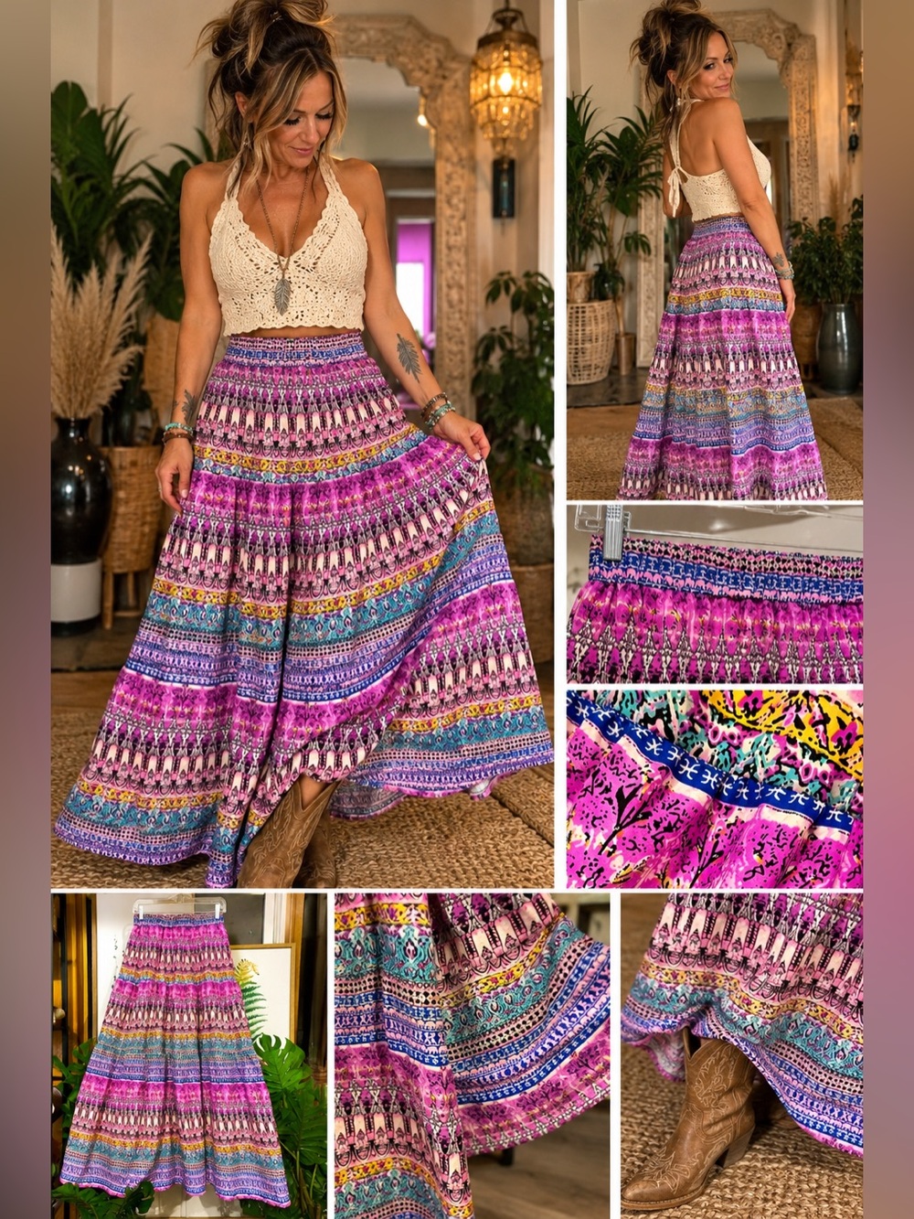 Boho Maxi Skirt Size L Pink Purple Blue Tiered Gypsy Festival Hippie